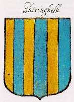 The blazon is paly six or and azure